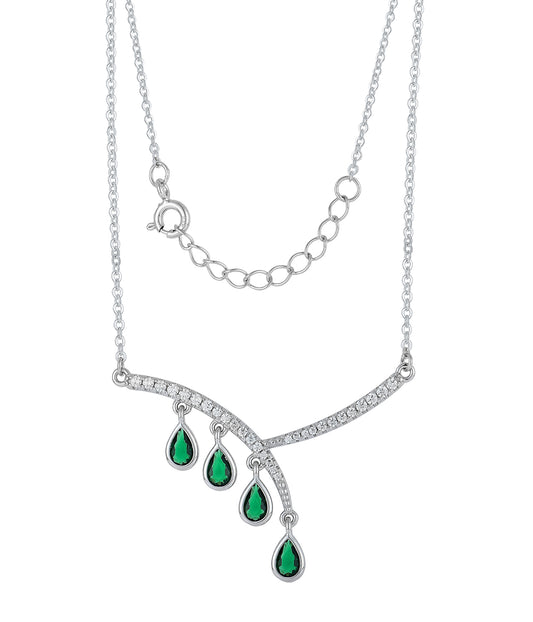 Aurora: Rhodium-plated .925 Sterling Emerald Teardrop and Diamond Necklace