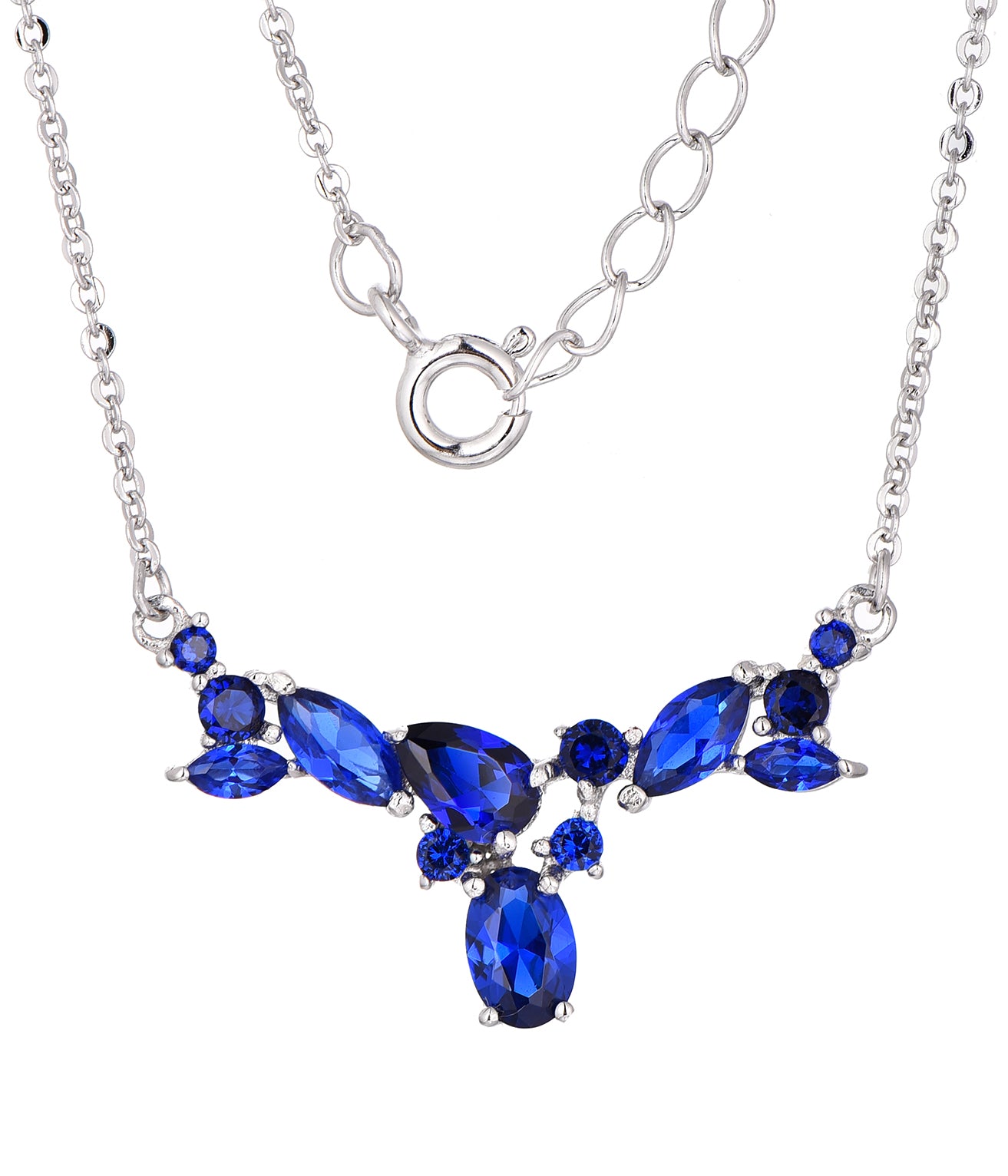 Skylar: Rhodium-plated .925 Sterling lab-created Sapphire Cluster Necklace