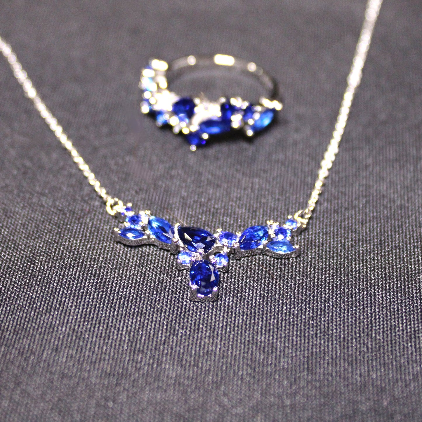 Skylar: Rhodium-plated .925 Sterling lab-created Sapphire Cluster Necklace