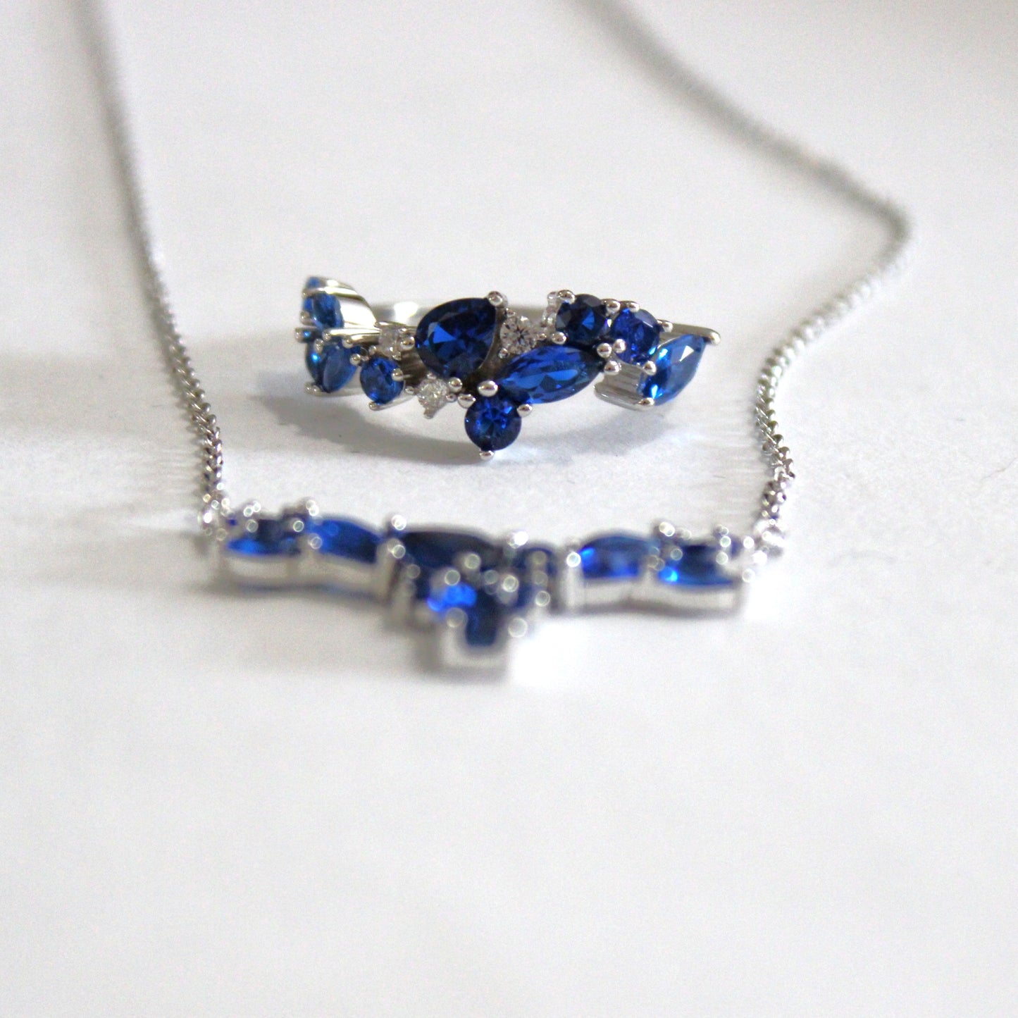 Skylar: Rhodium-plated .925 Sterling lab-created Sapphire Cluster Necklace