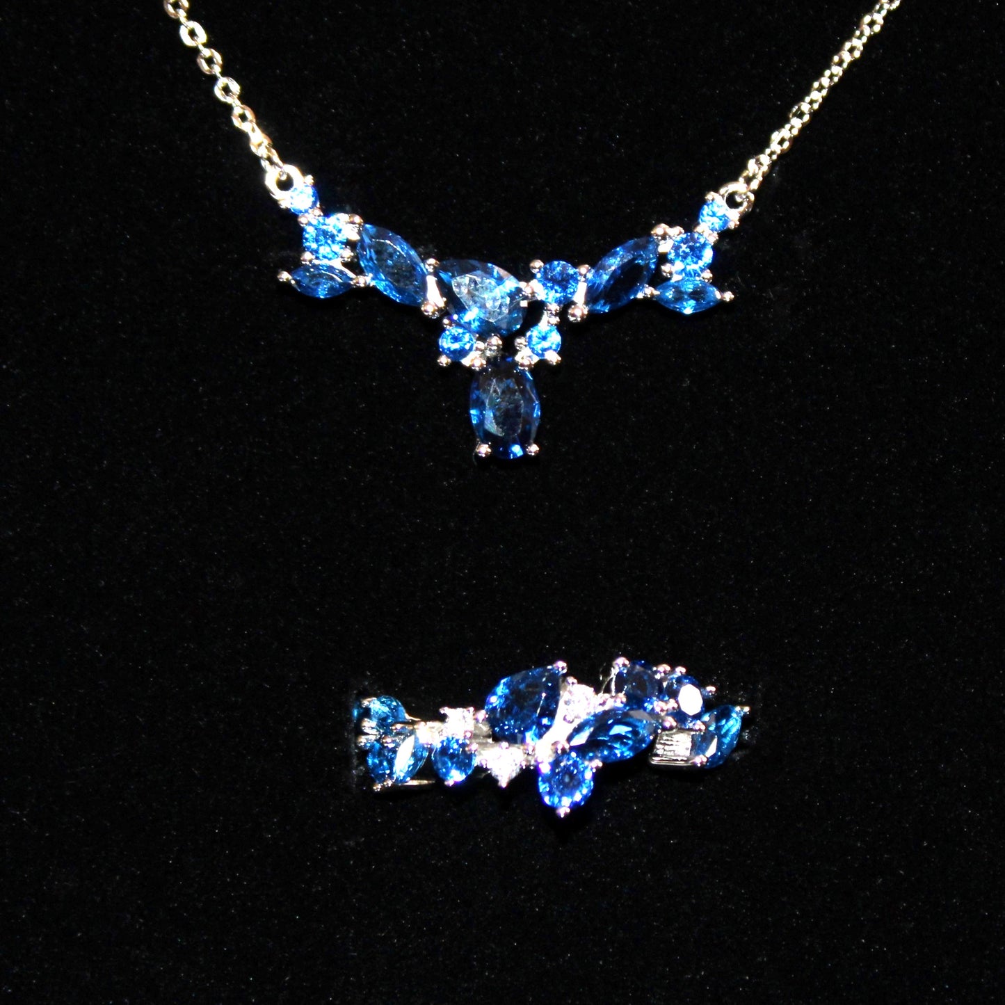 Skylar: Rhodium-plated .925 Sterling lab-created Sapphire Cluster Necklace