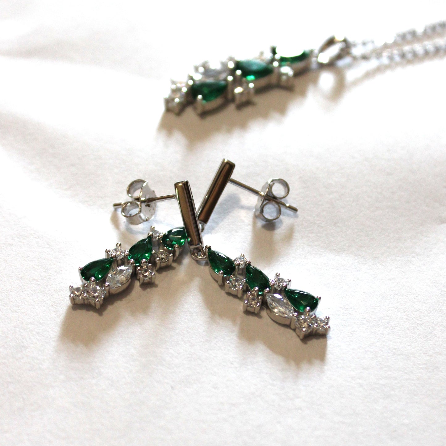 Wendy: Rhodium-plated .925 Sterling Emerald and Diamond Earrings