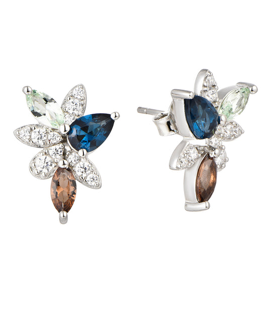 Maxine: Rhodium-plated .925 Sterling lab-created Sapphire, Smoky Quartz and Tourmaline Earrings
