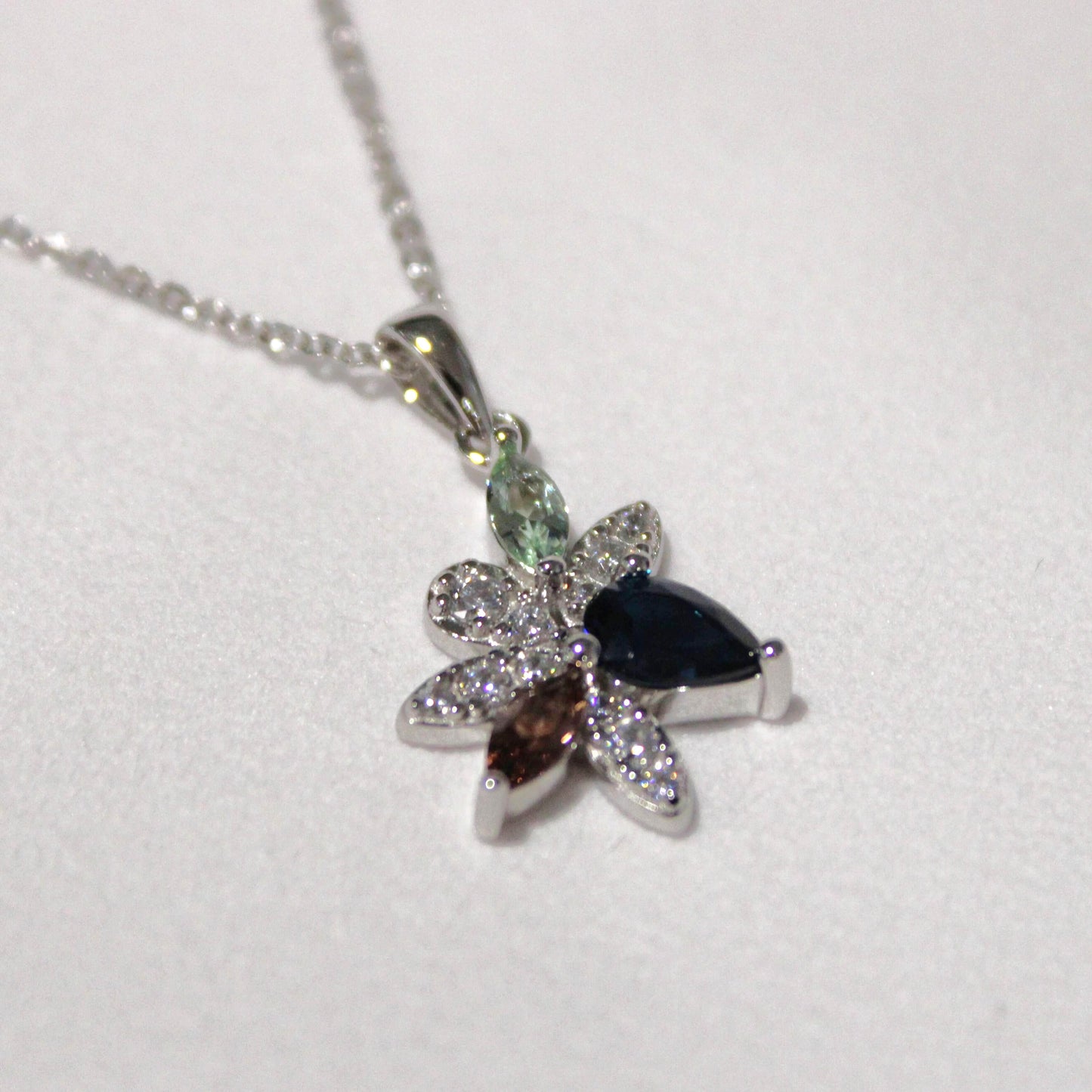 Maxine: Rhodium-plated .925 Sterling Sapphire, Smoky Quartz and Tourmaline Necklace