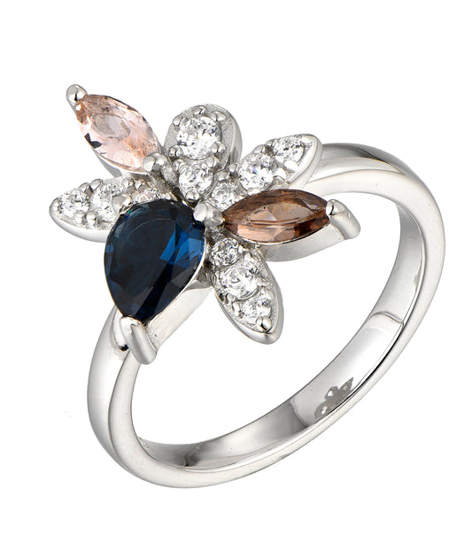 Maxine: Rhodium-plated .925 Sterling Sapphire, Smoky Quartz and Tourmaline Ring