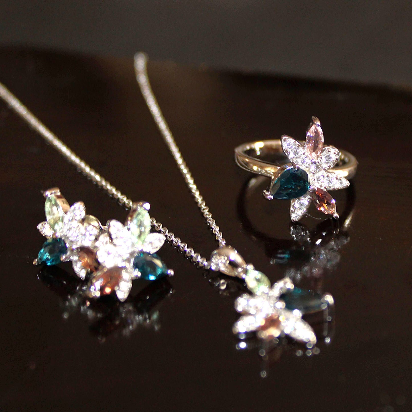 Maxine: Rhodium-plated .925 Sterling Sapphire, Smoky Quartz and Tourmaline Necklace