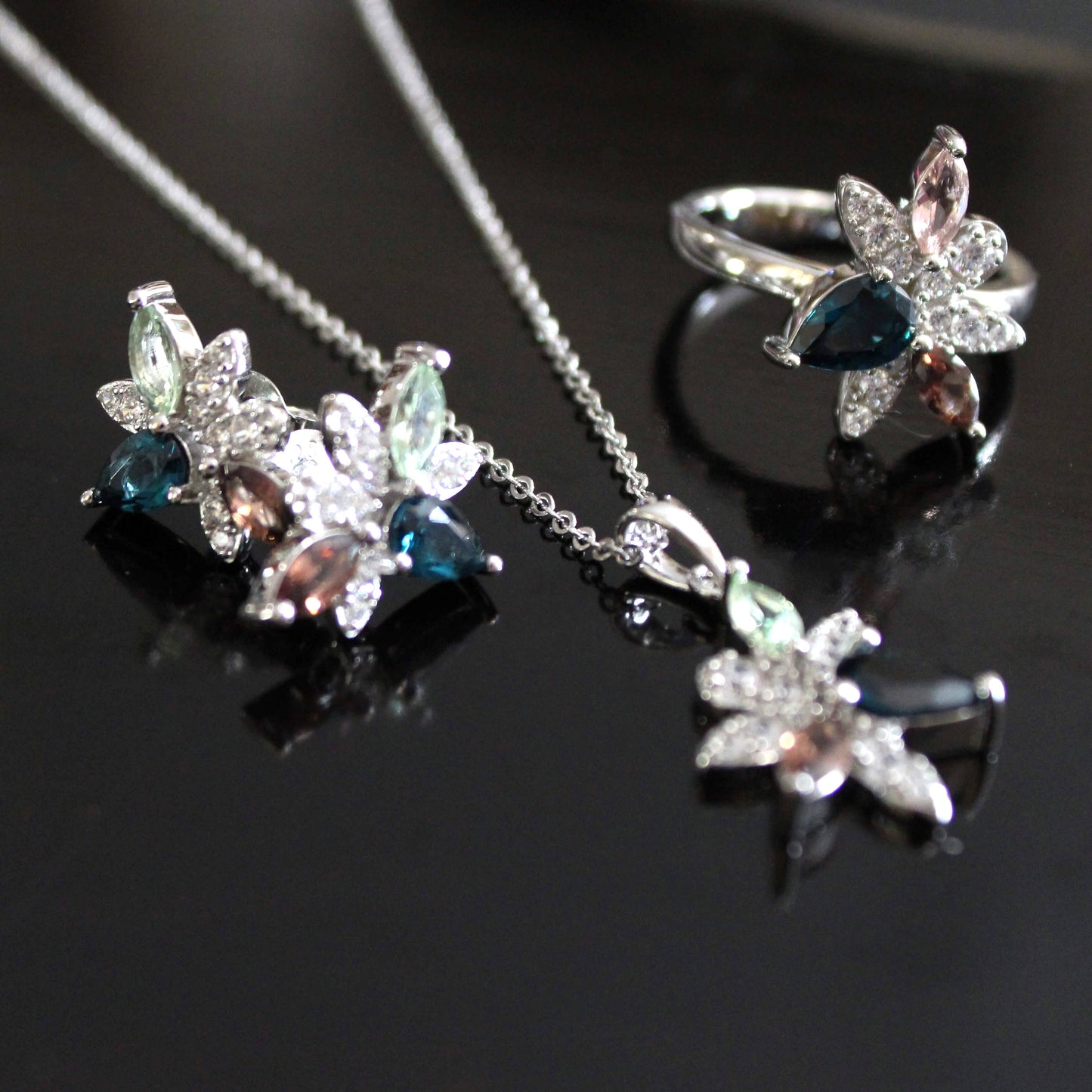 Maxine: Rhodium-plated .925 Sterling Sapphire, Smoky Quartz and Tourmaline Necklace