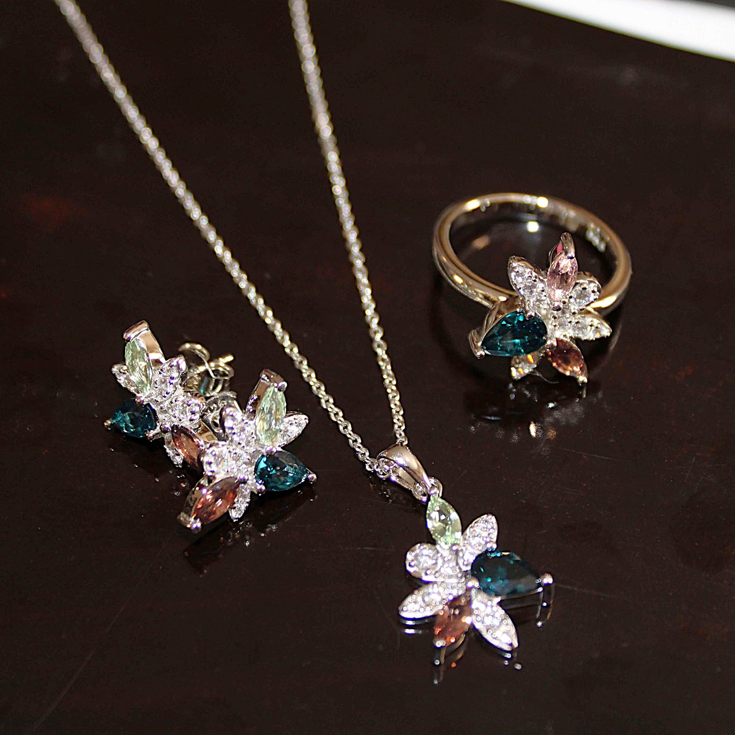 Maxine: Rhodium-plated .925 Sterling Sapphire, Smoky Quartz and Tourmaline Necklace