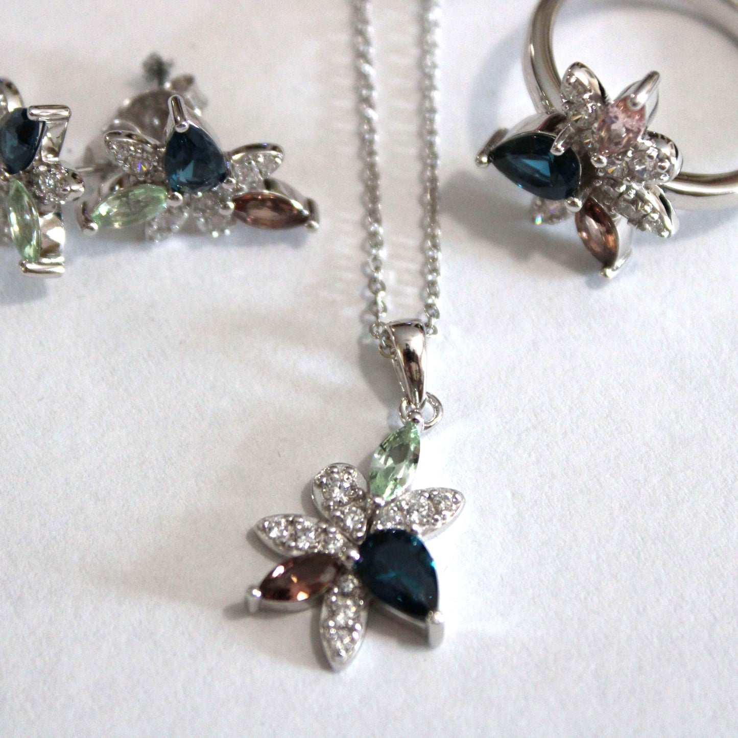 Maxine: Rhodium-plated .925 Sterling Sapphire, Smoky Quartz and Tourmaline Necklace