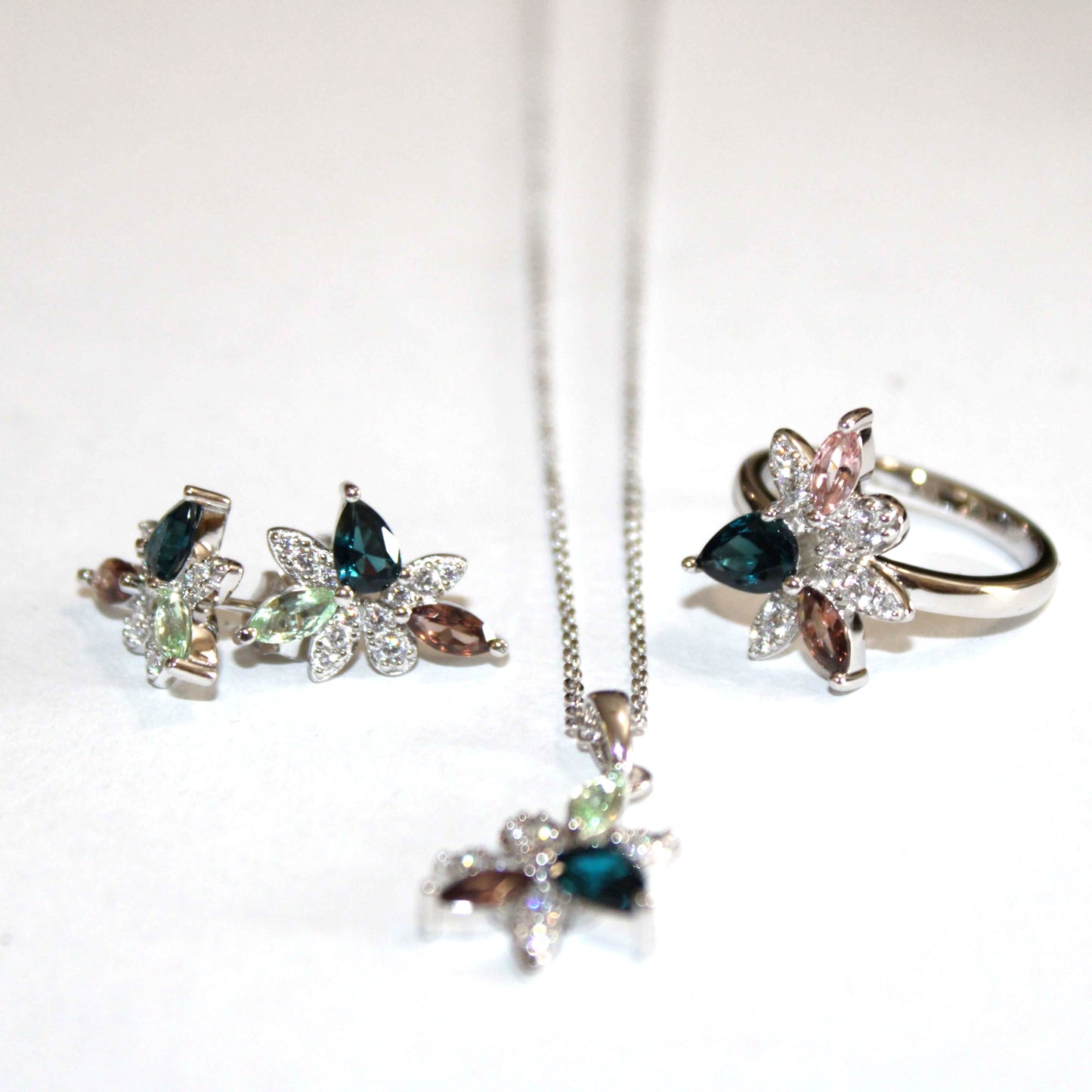 Maxine: Rhodium-plated .925 Sterling Sapphire, Smoky Quartz and Tourmaline Necklace