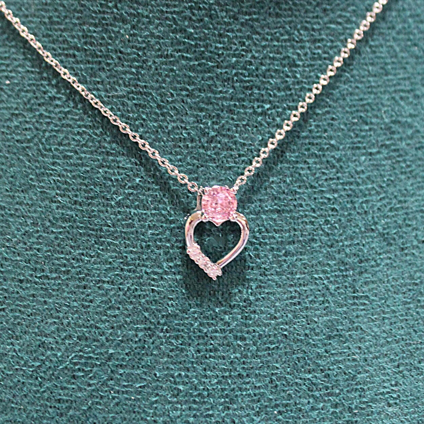 Zoey: Rhodium-plated .925 Sterling Heart Charm with lab-created Pink Sapphire Heart Drop Earrings