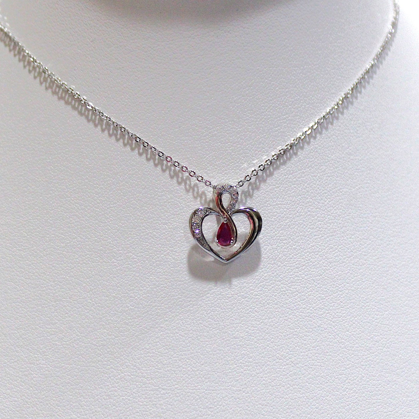 Leanne: Rhodium-plated .925 Sterling lab-created Ruby in Two Tone Heart Necklace