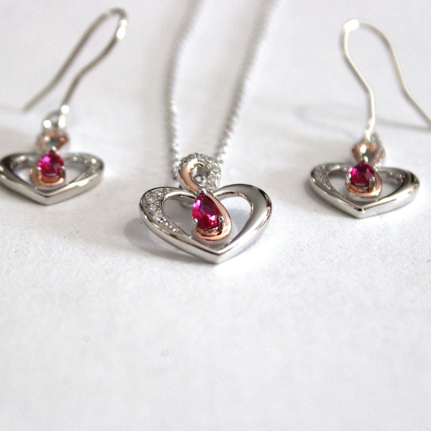 Leanne: Rhodium-plated .925 Sterling lab-created Ruby in Two Tone Heart Necklace