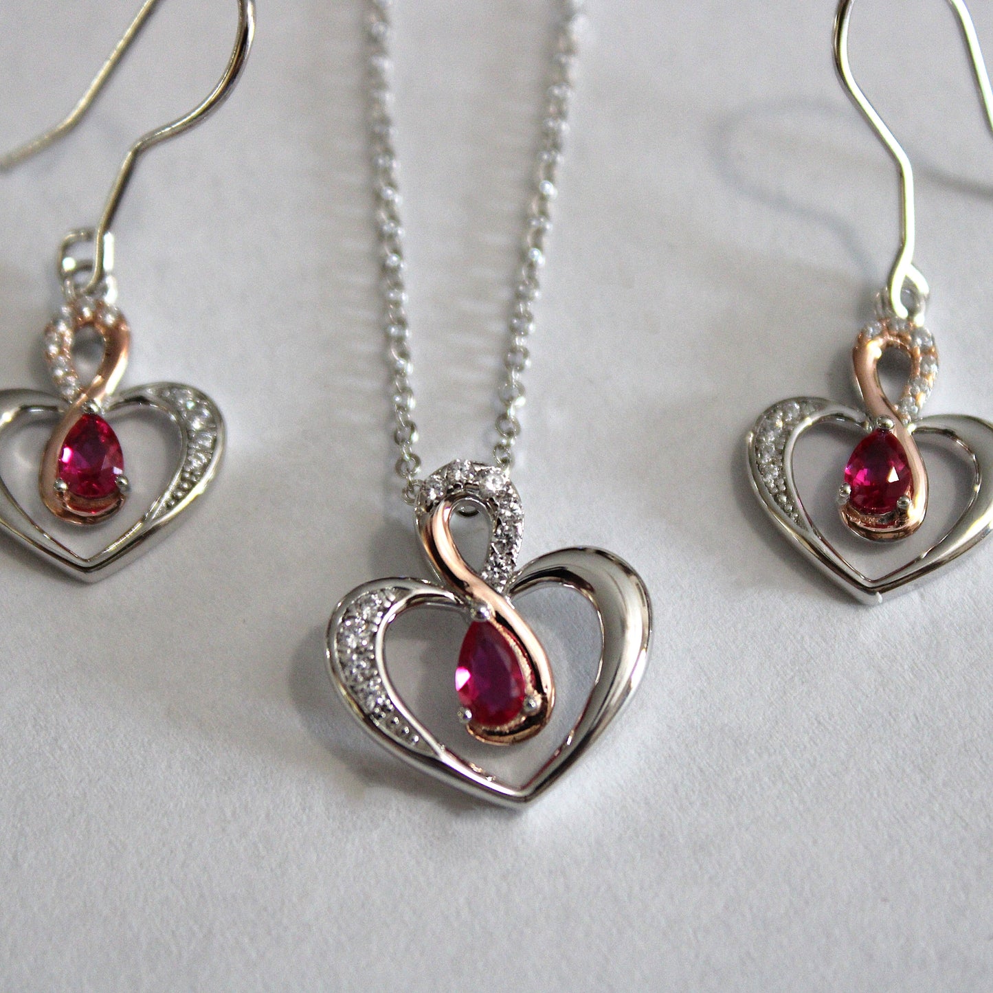 Leanne: Rhodium-plated .925 Sterling lab-created Ruby in Two Tone Heart Necklace