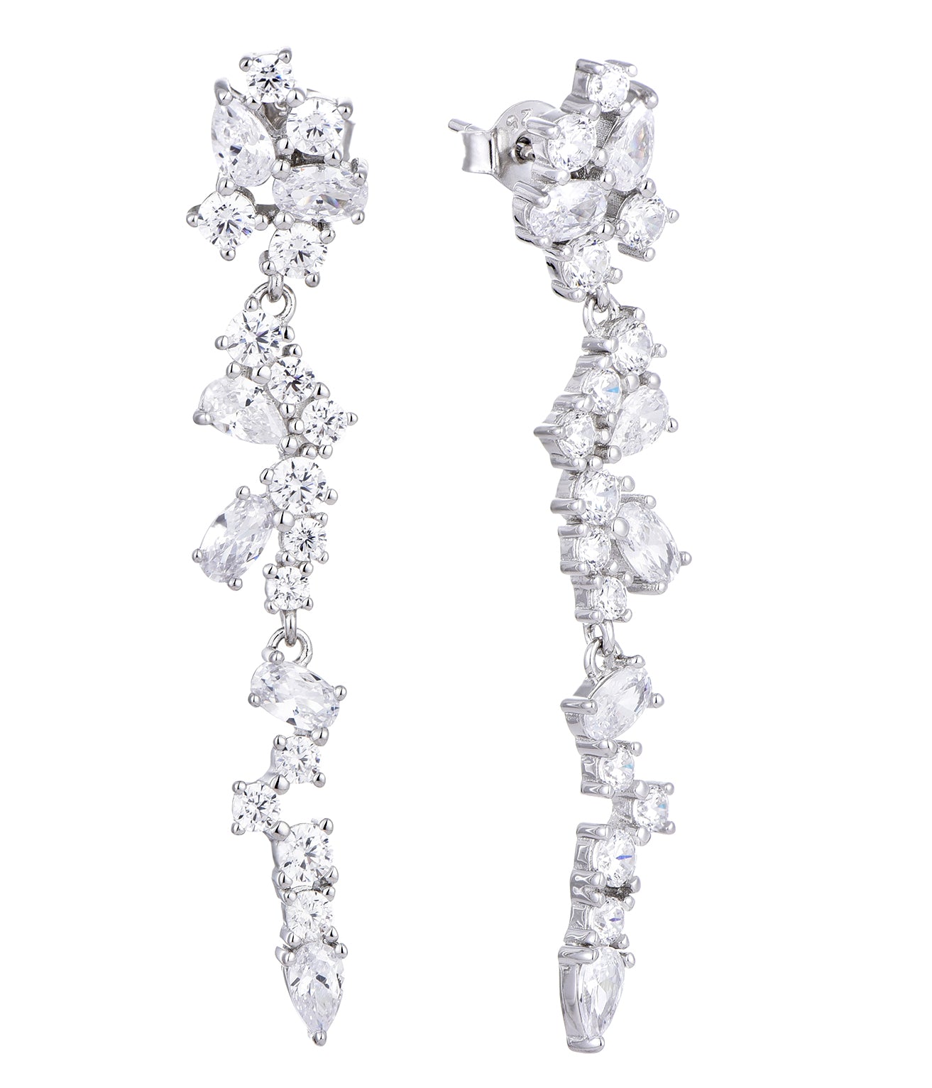 Angela: Rhodium-plated .925 Sterling lab-created Round and Pear Diamond Cluster Drop Set