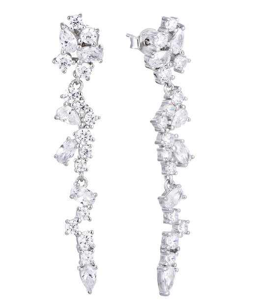 Angela: Rhodium-plated .925 Sterling lab-created Round and Pear Diamond Cluster Drop Earrings