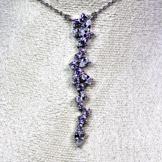 Angela: Rhodium-plated .925 Sterling lab-created Round and Pear Diamond Cluster Drop Necklace