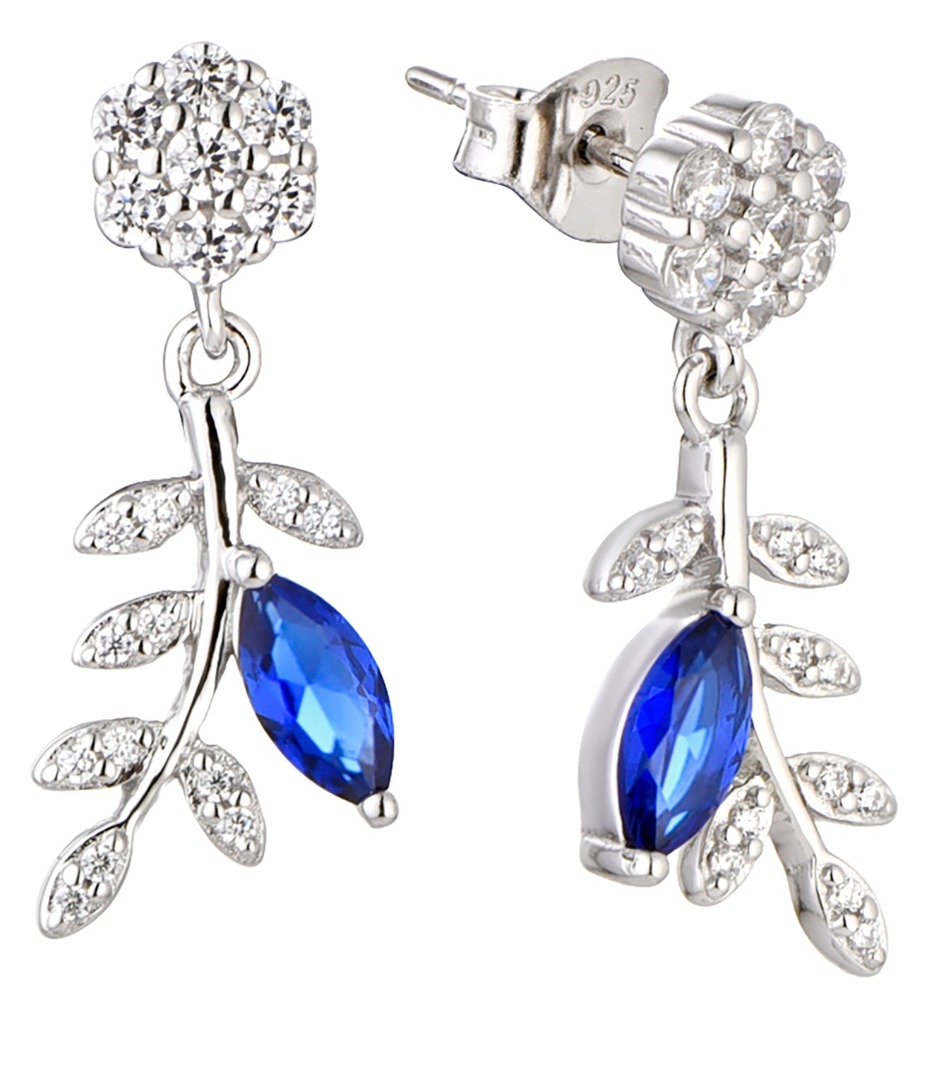 Grace: Rhodium-plated .925 Sterling lab-created Round Diamond and Marquise Sapphire Earrings