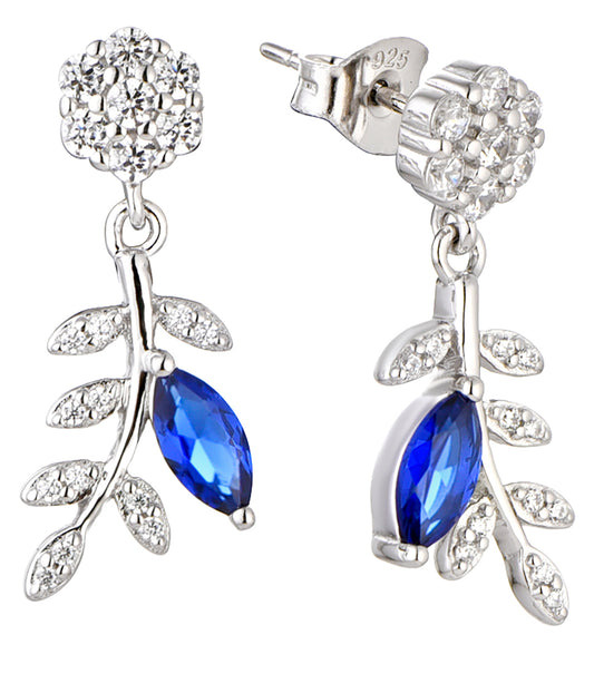 Grace: Rhodium-plated .925 Sterling lab-created Round Diamond and Marquise Sapphire Earrings