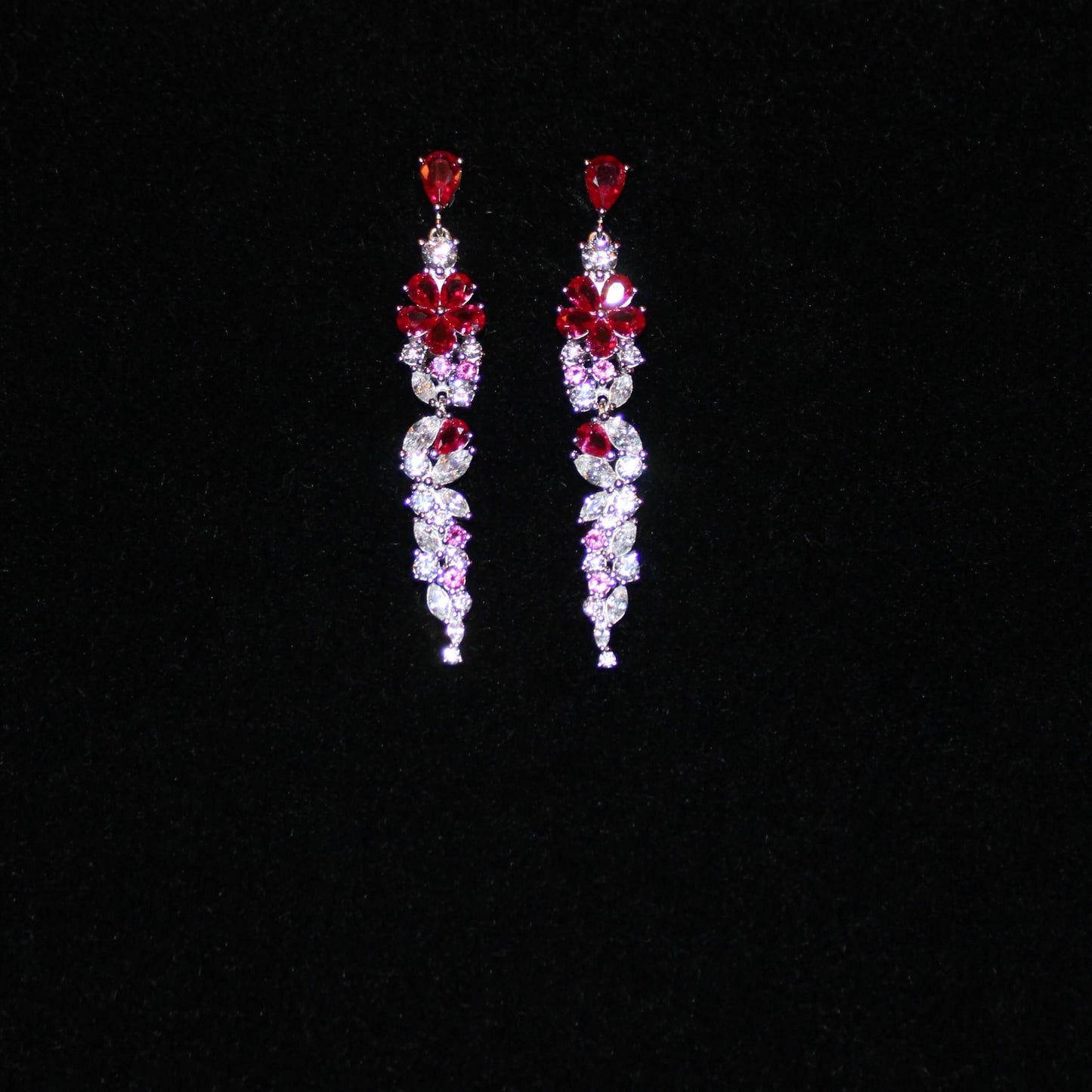 Cassandra: Rhodium-plated .925 Sterling Round Diamond and Teardrop Ruby Necklace and Earrings (Set)