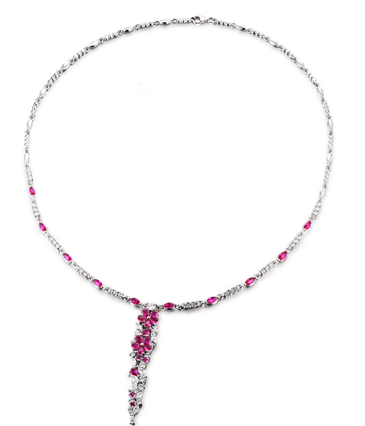 Cassandra: Rhodium-plated .925 Sterling Round Diamond and Teardrop Ruby Necklace