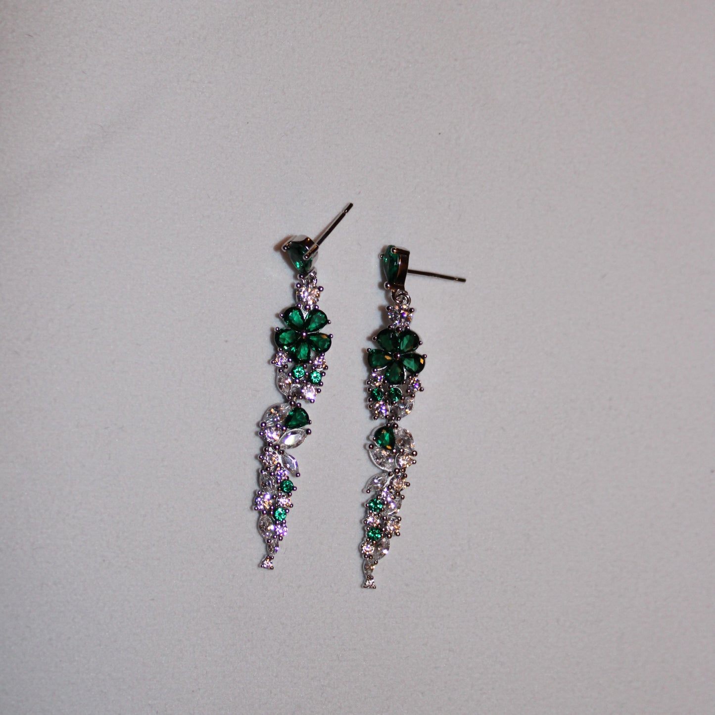 Desiree: Rhodium-plated .925 Sterling Diamond and Emerald Necklace and Earrings Set