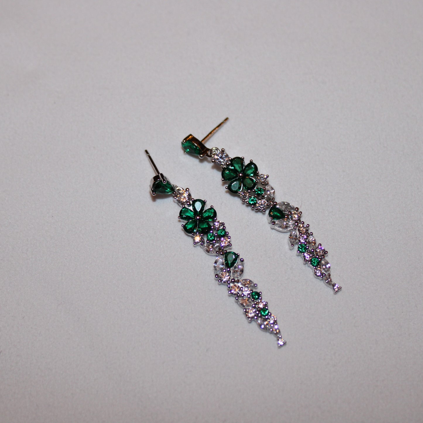 Desiree: Rhodium-plated .925 Sterling Diamond and Emerald Necklace and Earrings Set