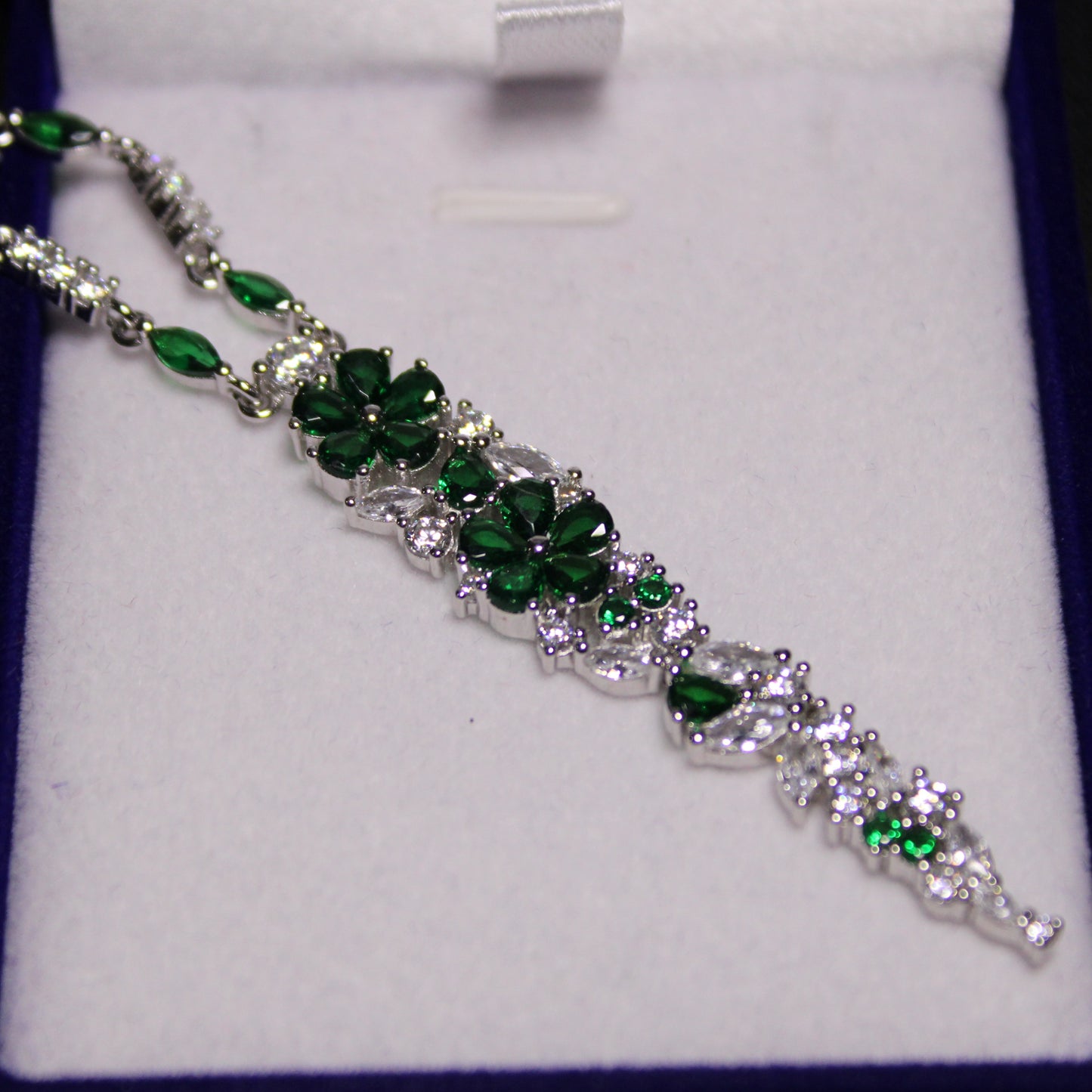 Desiree: Rhodium-plated .925 Sterling Diamond and Emerald Necklace and Earrings Set