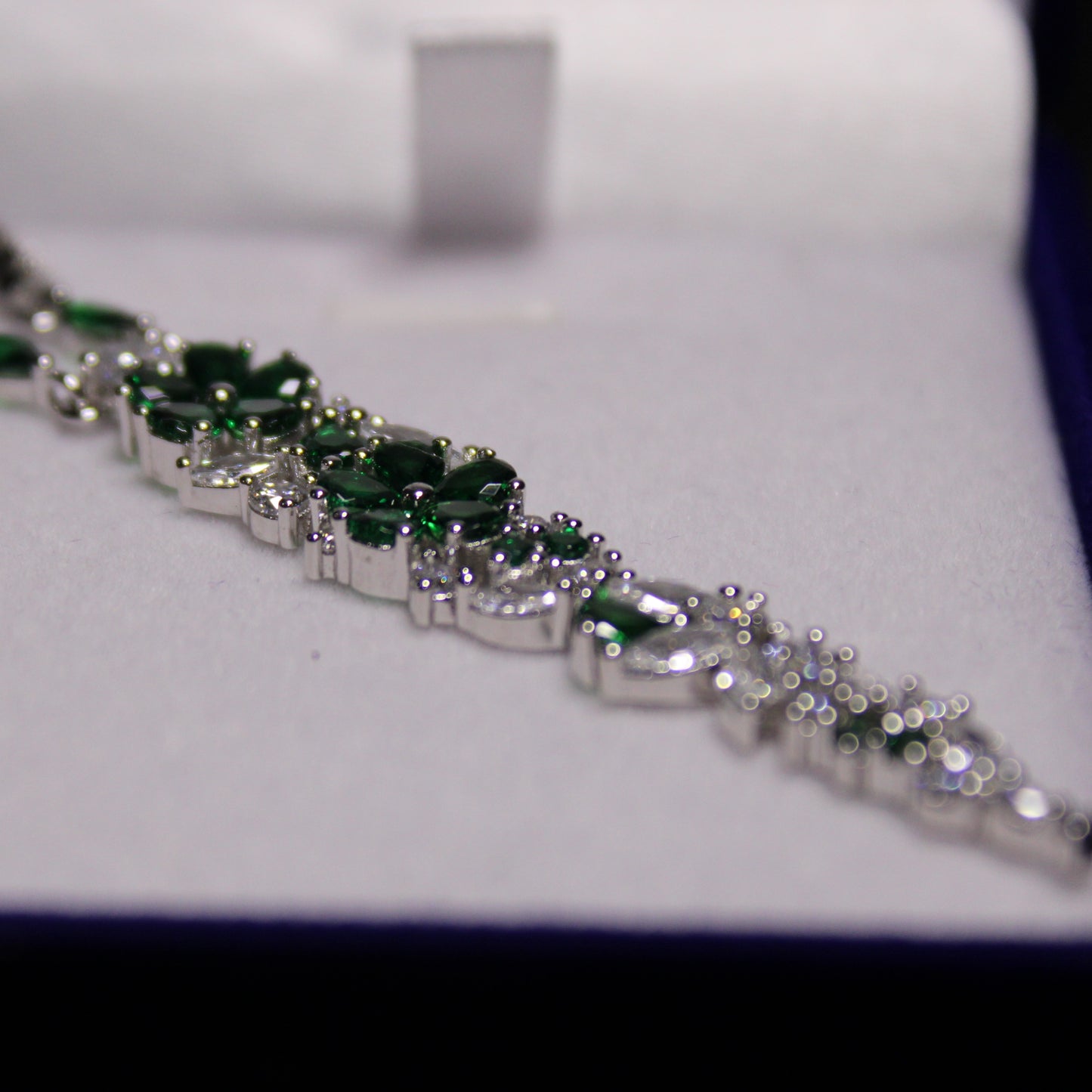Desiree: Rhodium-plated .925 Sterling Diamond and Emerald Necklace and Earrings Set