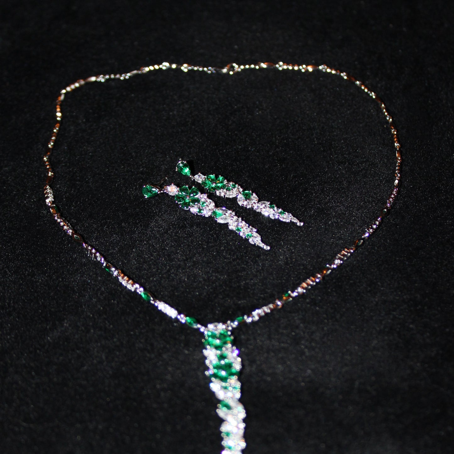 Desiree: Rhodium-plated .925 Sterling Diamond and Emerald Necklace and Earrings Set