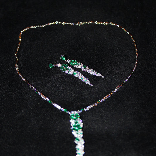 Desiree: Rhodium-plated .925 Sterling Diamond and Emerald Necklace and Earrings Set
