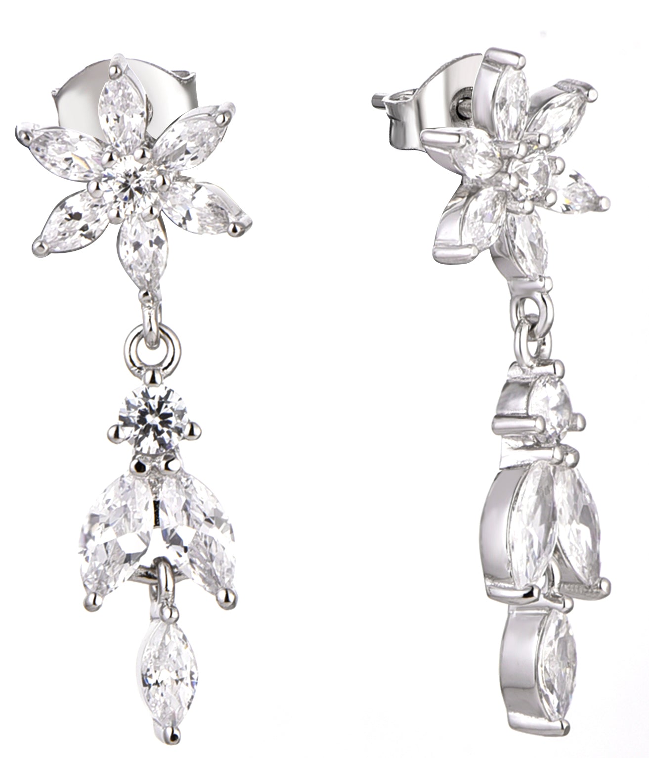 Veronica: Rhodium-plated .925 Sterling lab-created Marquise and Round Diamond Necklace and Earrings Set