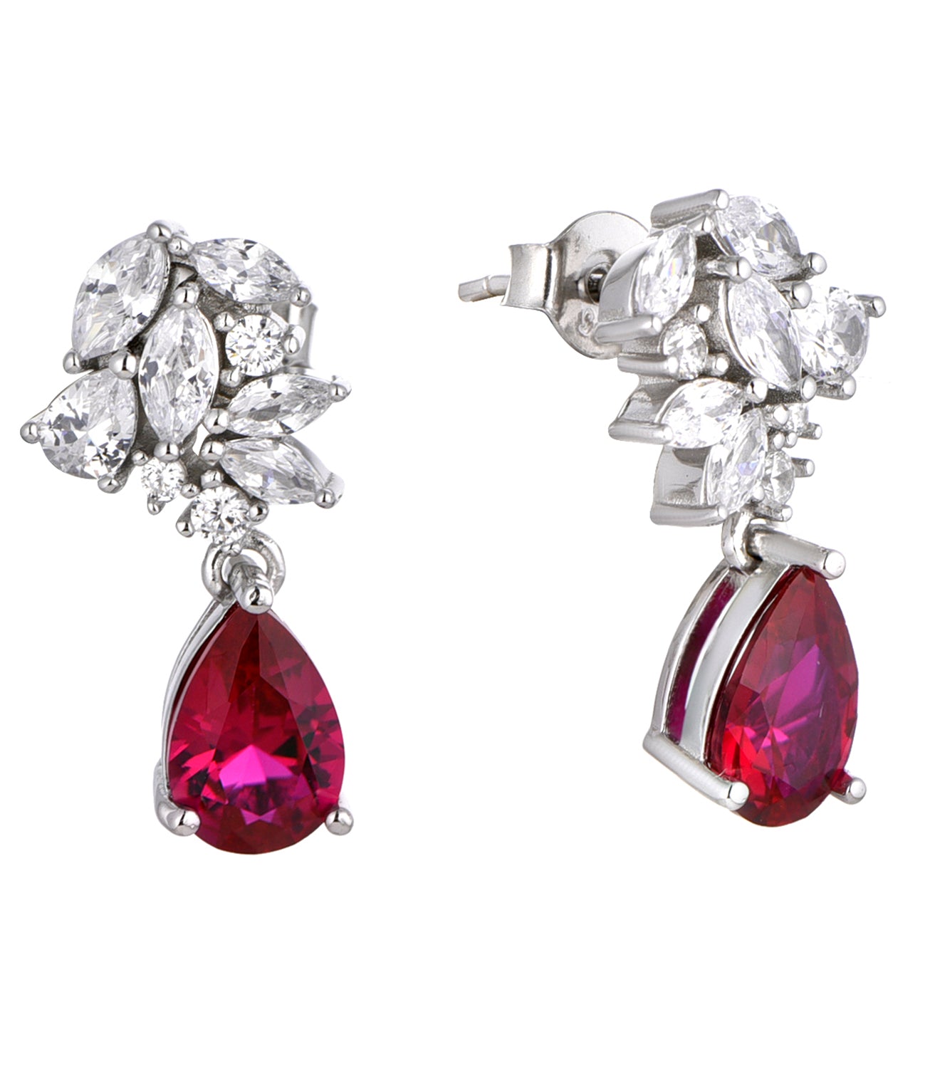 Theresa: Rhodium-plated .925 Sterling Marquise Diamond with teardrop Ruby Earrings