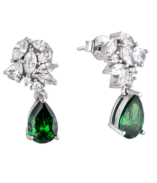 Emma: Rhodium-plated .925 Sterling Marquise Diamond with Teardrop Emerald Earrings