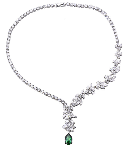 Emma: Rhodium-plated .925 Sterling Marquise Diamond with Teardrop Emerald Necklace
