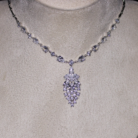 Edith: Rhodium-plated .925 Sterling lab-created Round and Pear Diamond Necklace