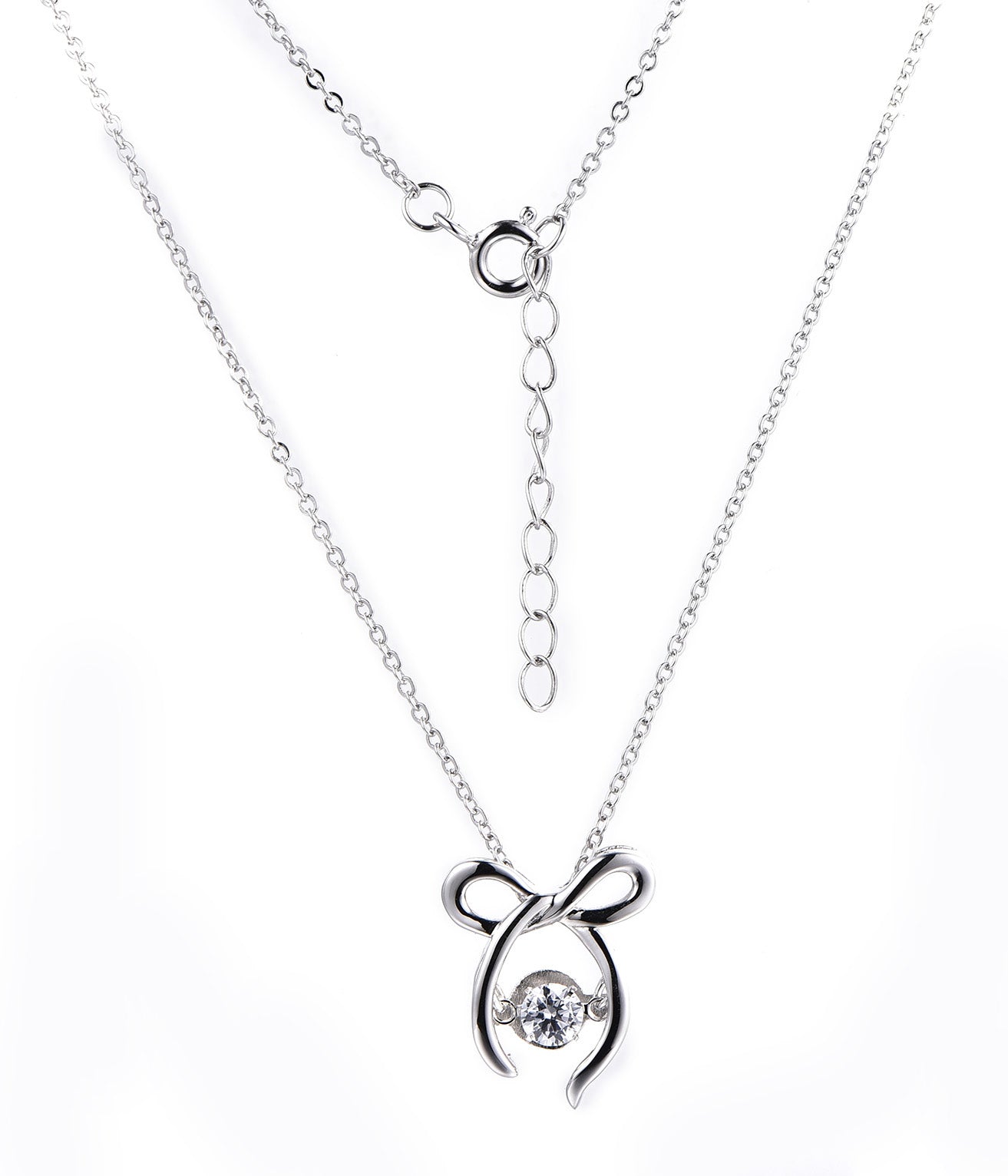 Rhodium Plated .925 Sterling lab-created Diamond Ribbon Necklace