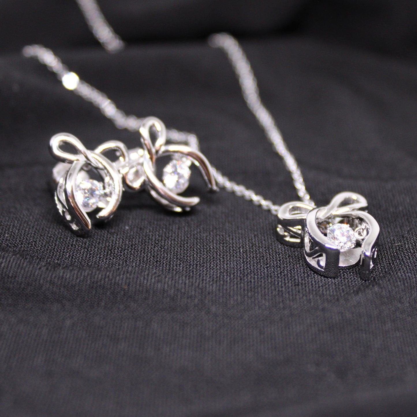 Rhodium Plated .925 Sterling lab-created Diamond Ribbon Necklace
