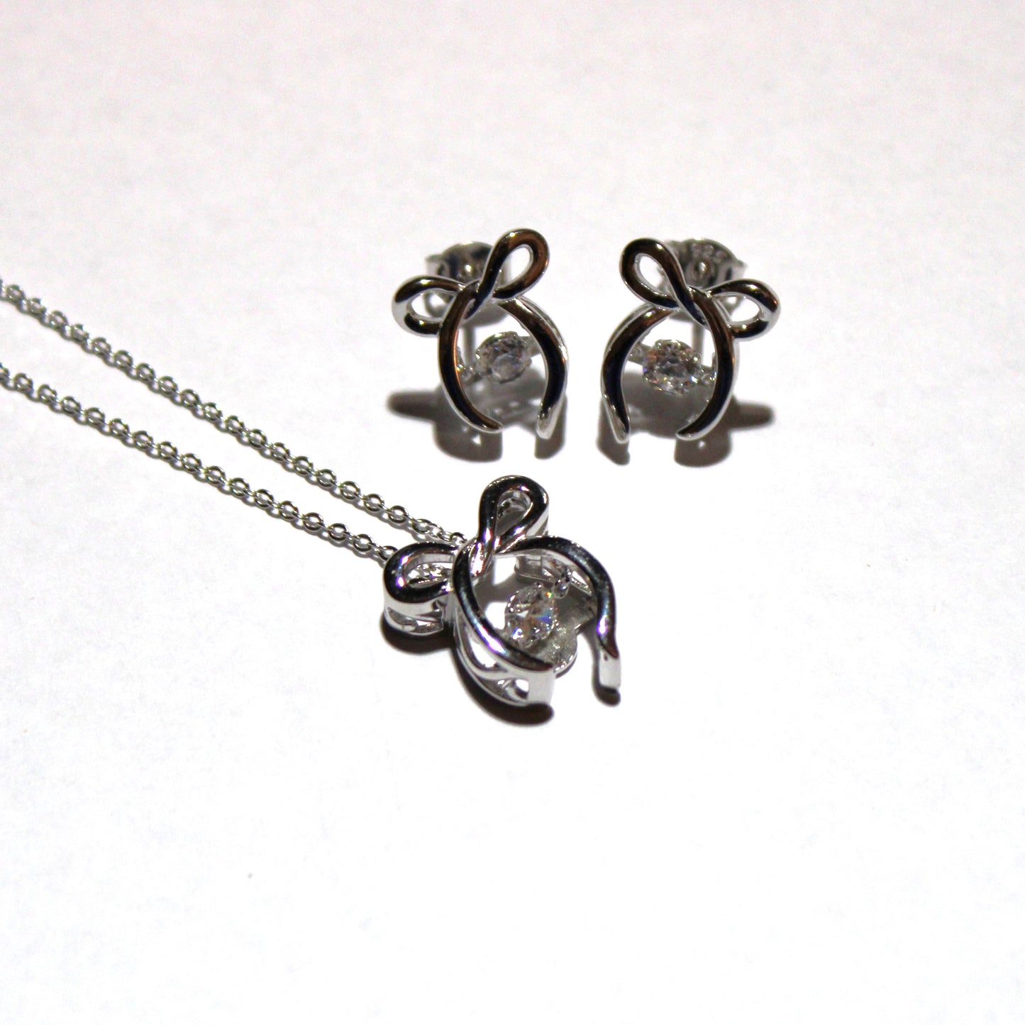 Rhodium Plated .925 Sterling lab-created Diamond Ribbon Necklace