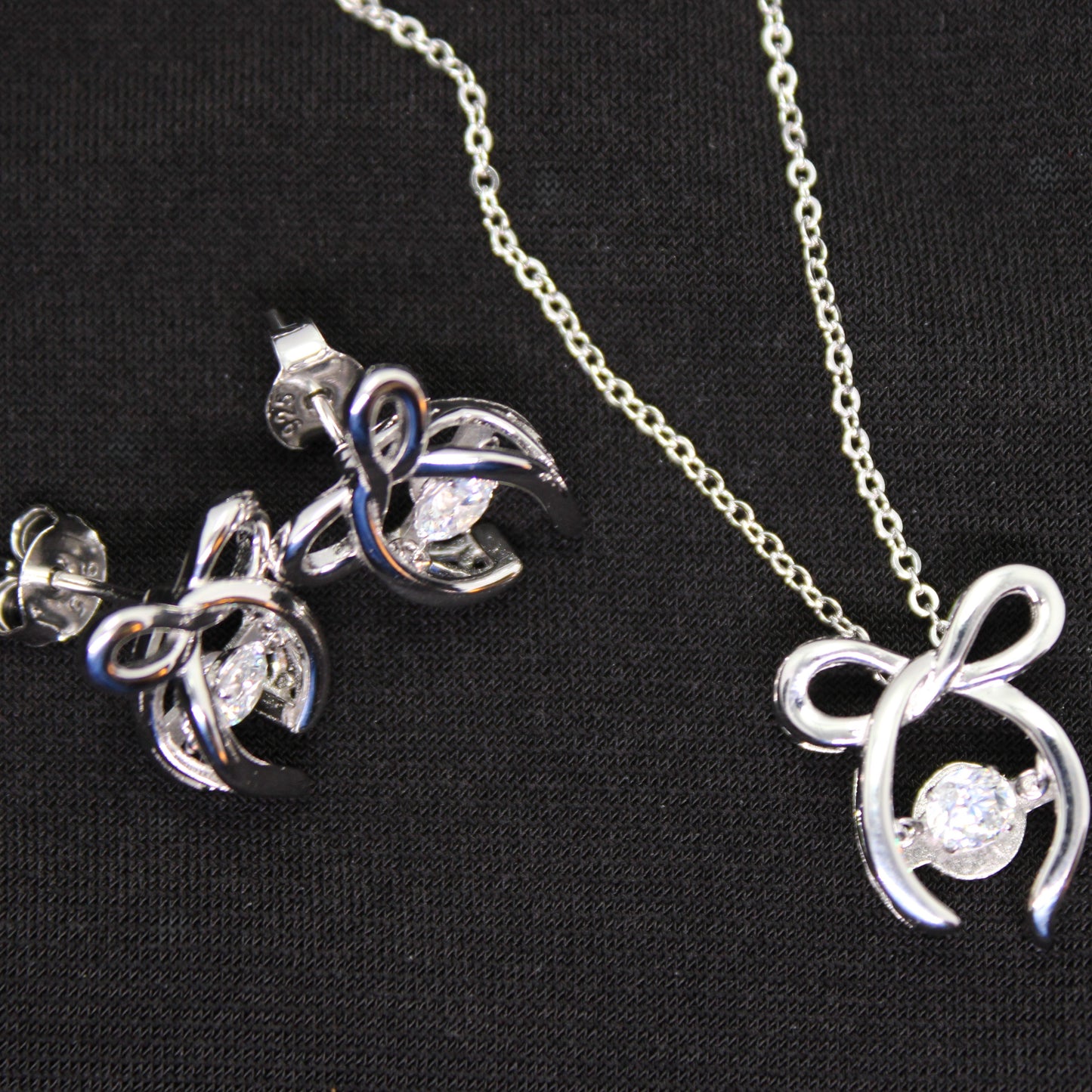 Rhodium Plated .925 Sterling lab-created Diamond Ribbon Necklace