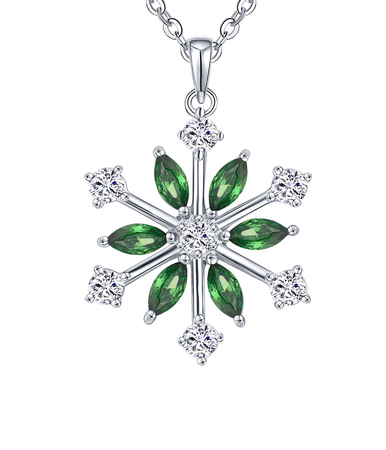 Rhodium Plated .925 Sterling lab-created Emerald Snowflake Necklace
