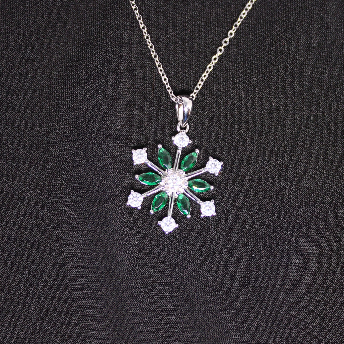 .925 Rhodium Plated Emerald Snowflake Necklace image 0
