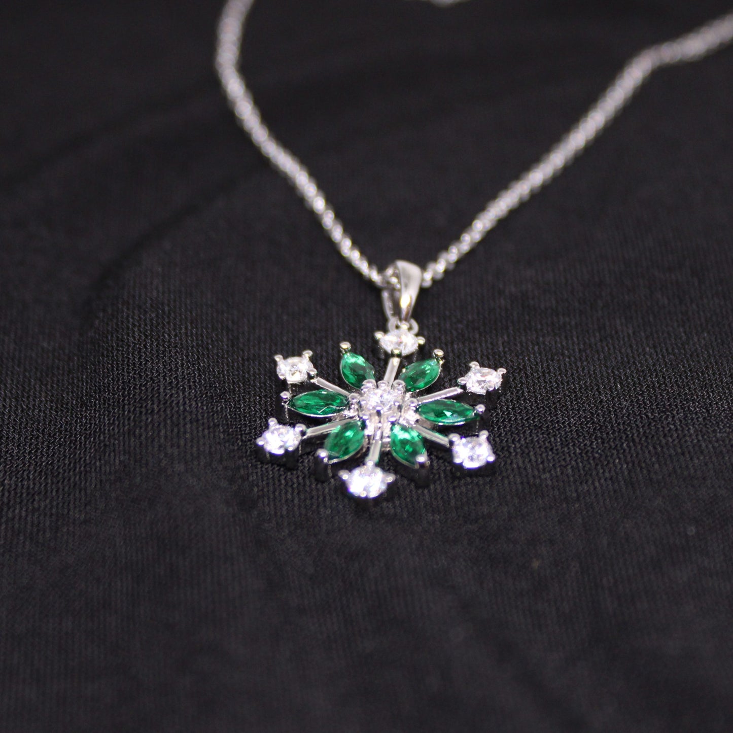 .925 Rhodium Plated Emerald Snowflake Necklace image 3
