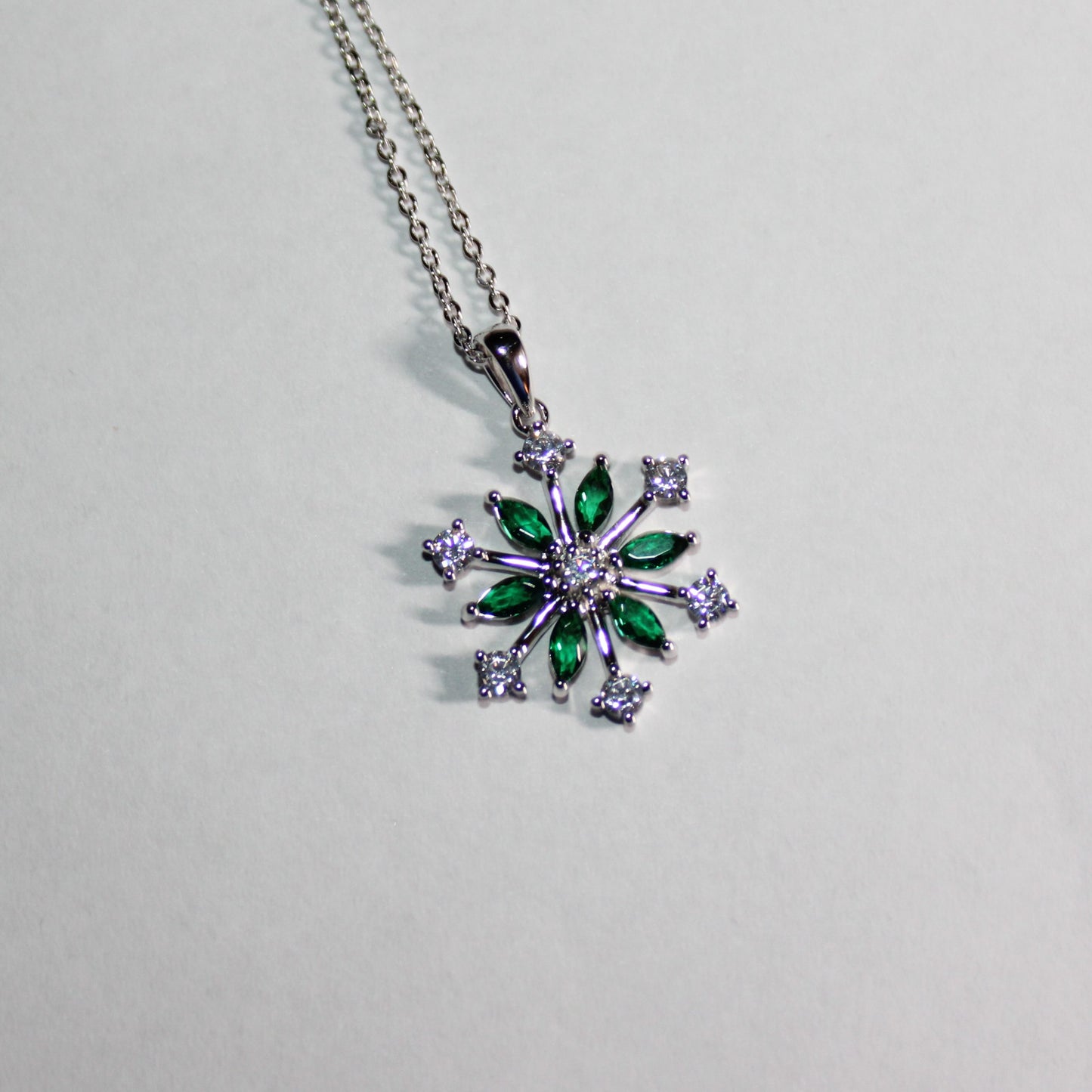 .925 Rhodium Plated Emerald Snowflake Necklace image 7