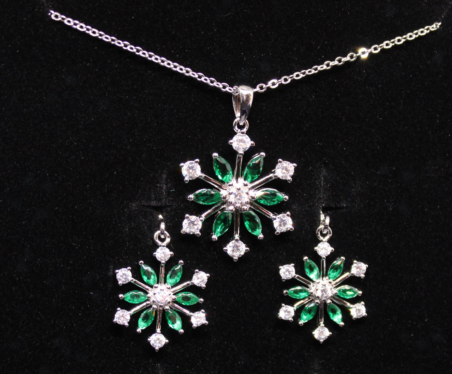 .925 Rhodium Plated Emerald Snowflake Necklace image 2