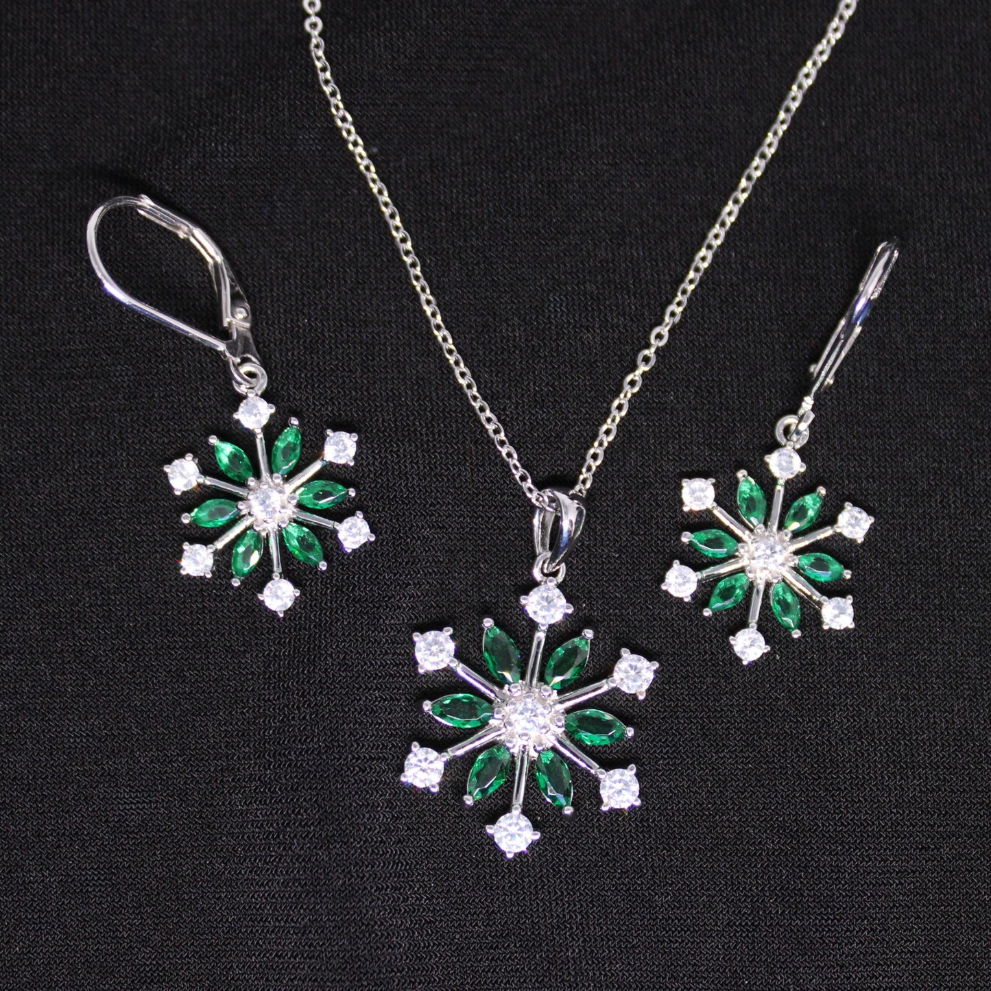 .925 Rhodium Plated Emerald Snowflake Necklace image 5