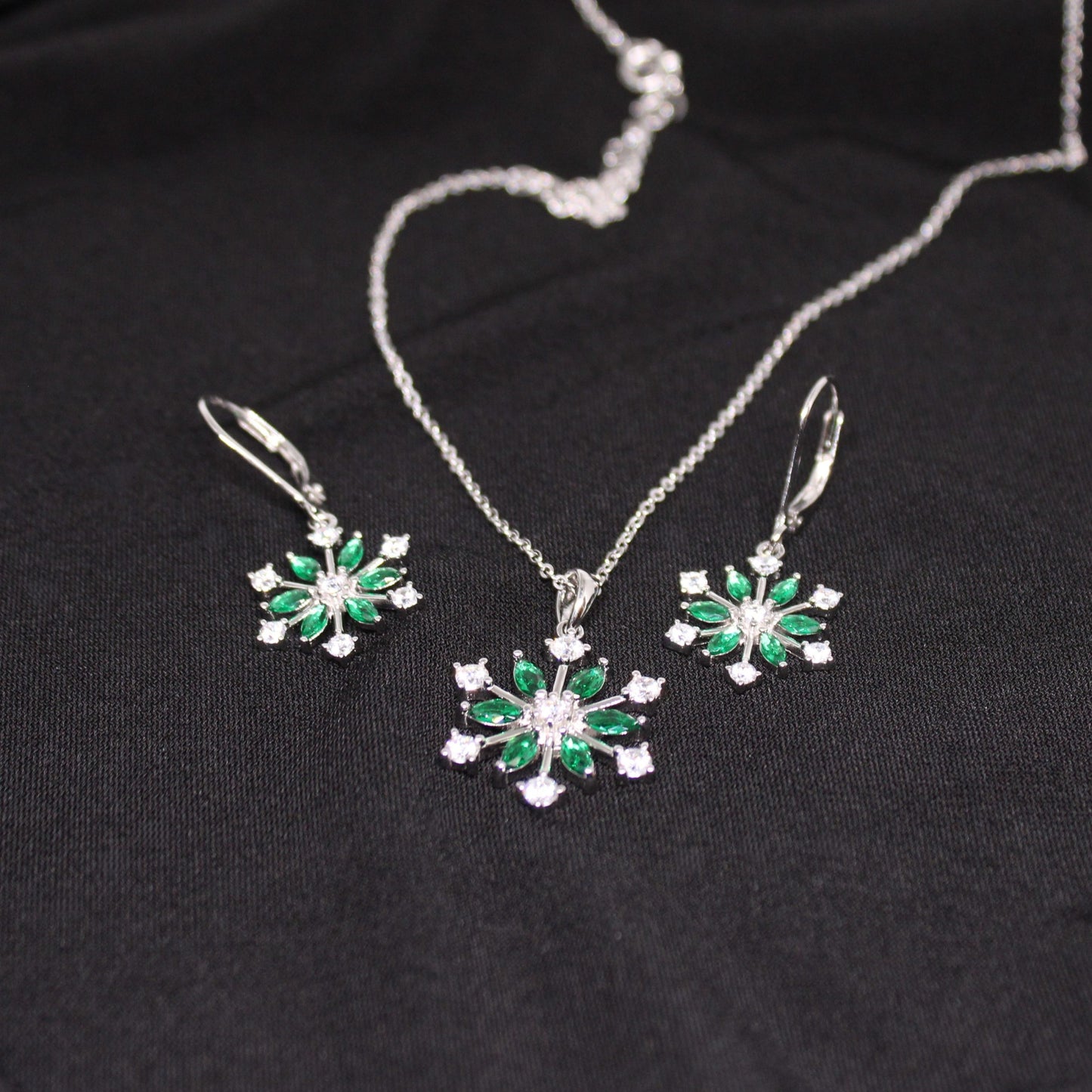 .925 Rhodium Plated Emerald Snowflake Necklace image 6