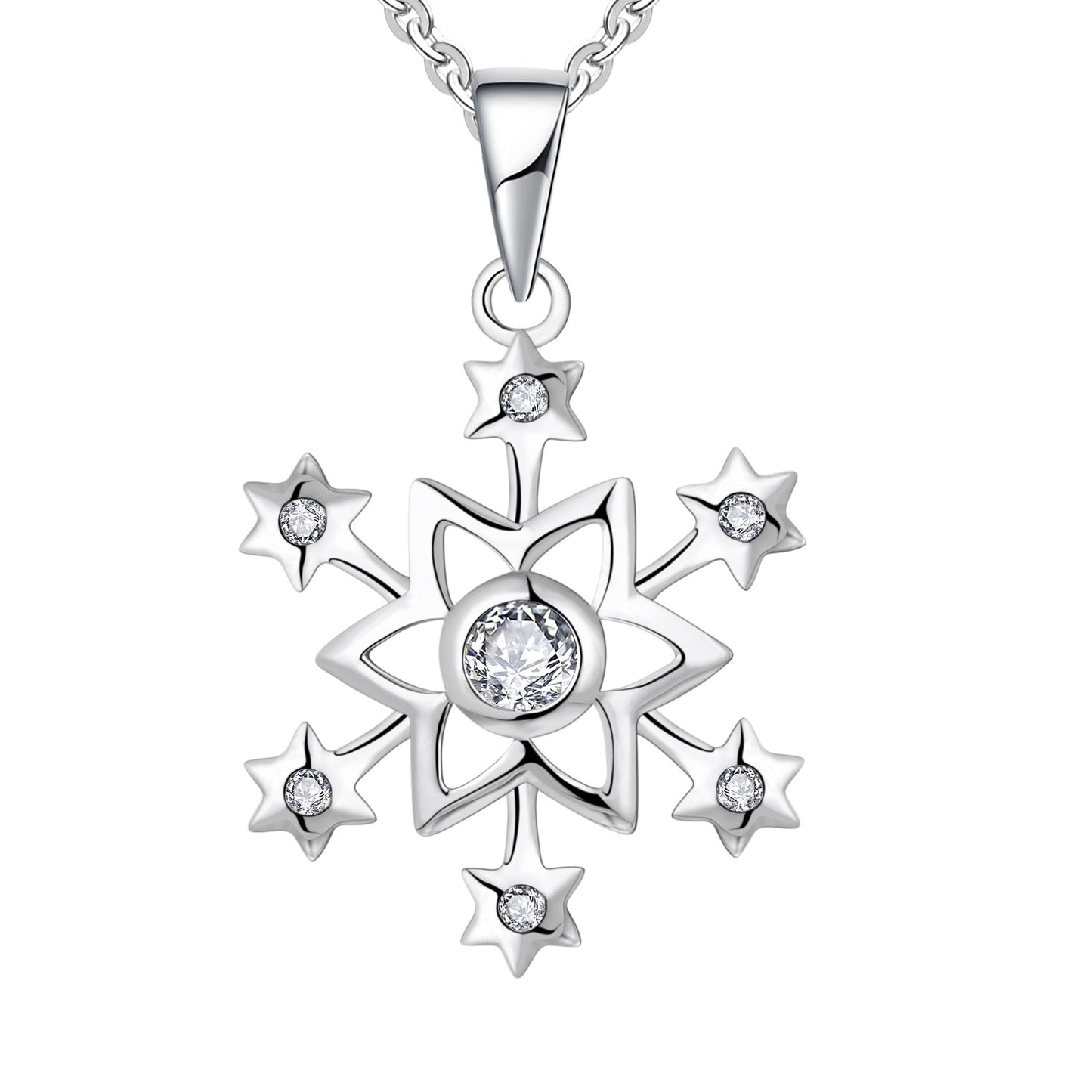 Rhodium-plated .925 Sterling Diamond Snowflake Necklace