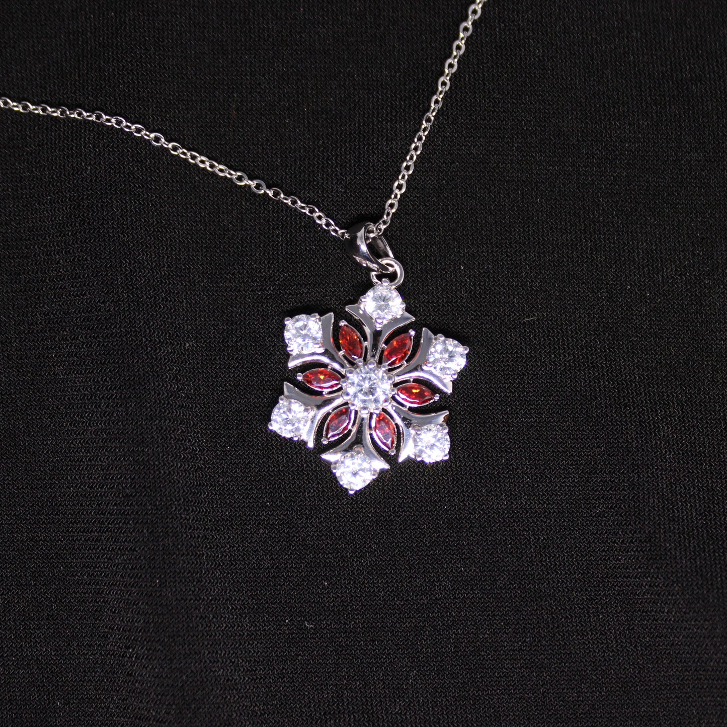 Rhodium-plated .925 Sterling lab-created Garnet Snowflake Necklace