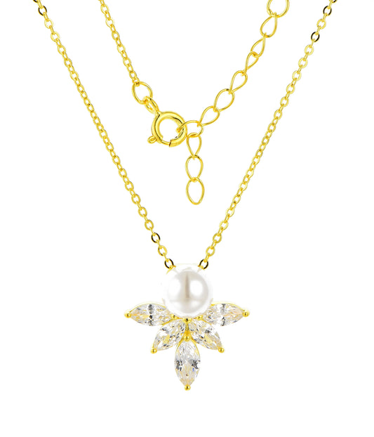 18k Gold Plated .925 Sterling lab-created Diamond and Pearl Angel Necklace